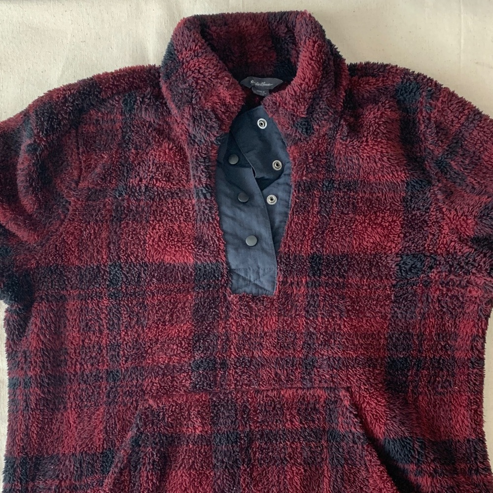 Winter | Eddie Bauer Red and Black Plaid Sherpa Fleece Pullover Sweater